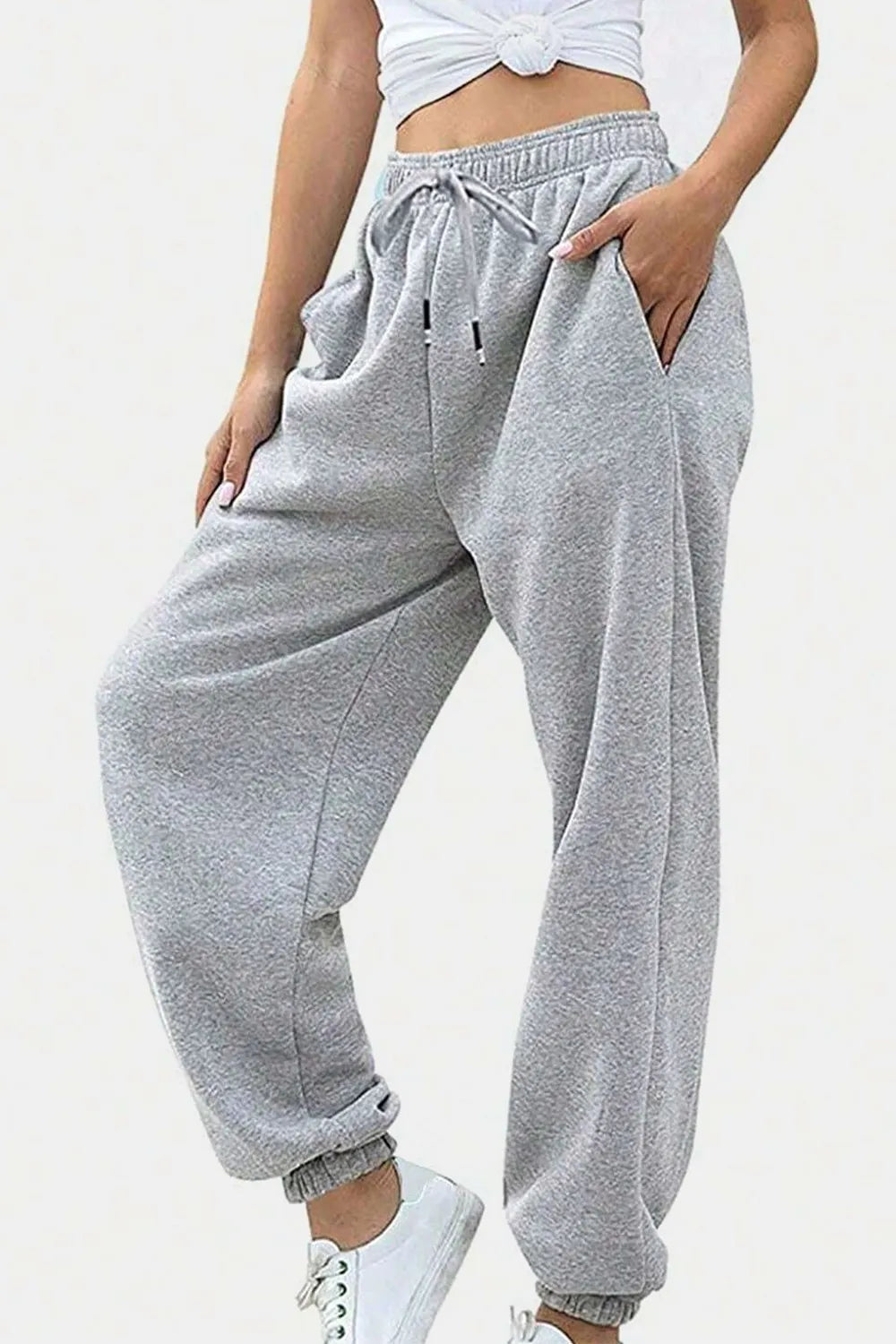 Women's High-Waist Drawstring Joggers | Pockets, Black/Gray/Tan
