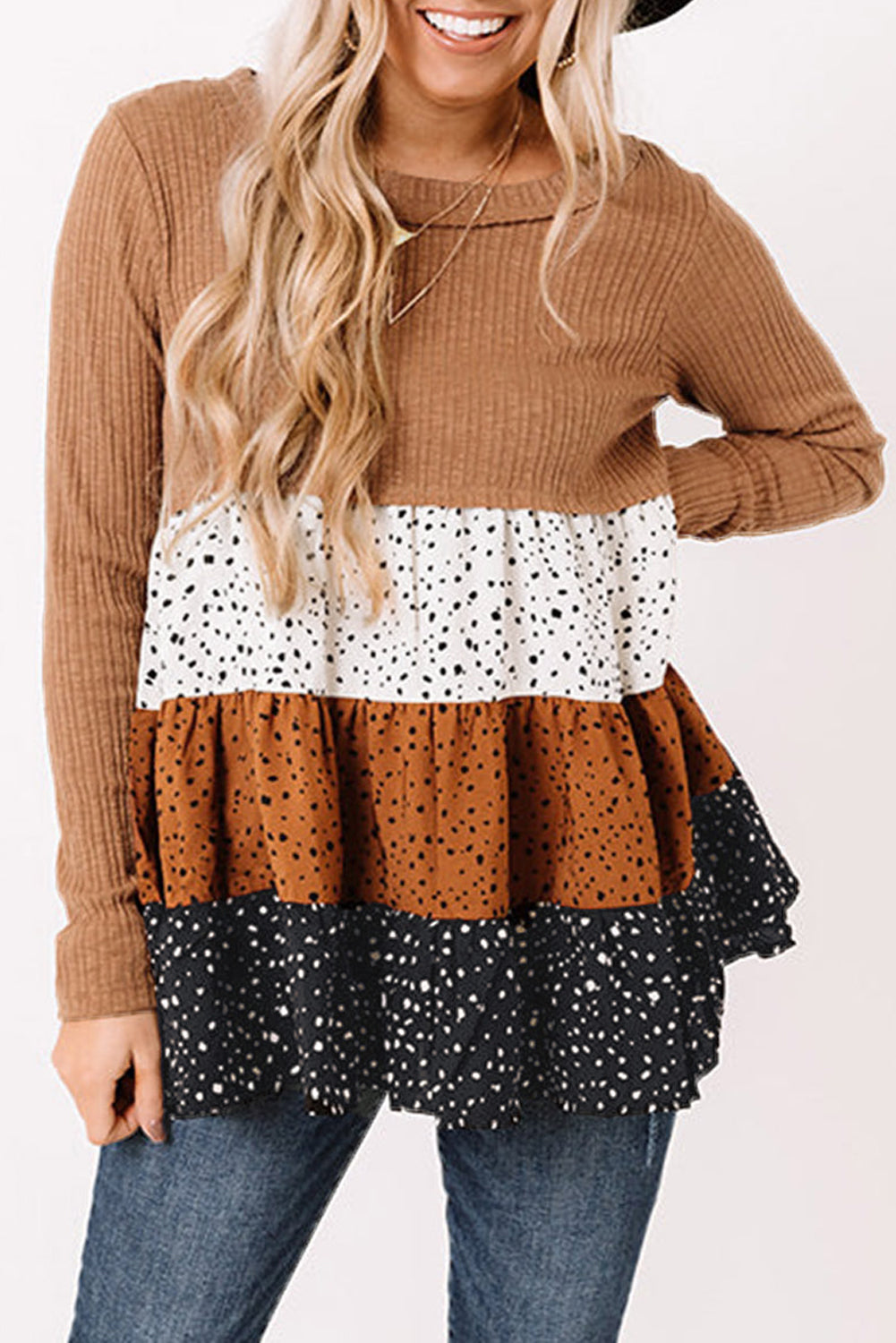 Women's Brown Tiered Ruffle Top | Ribbed Long-Sleeve Flowy Blouse