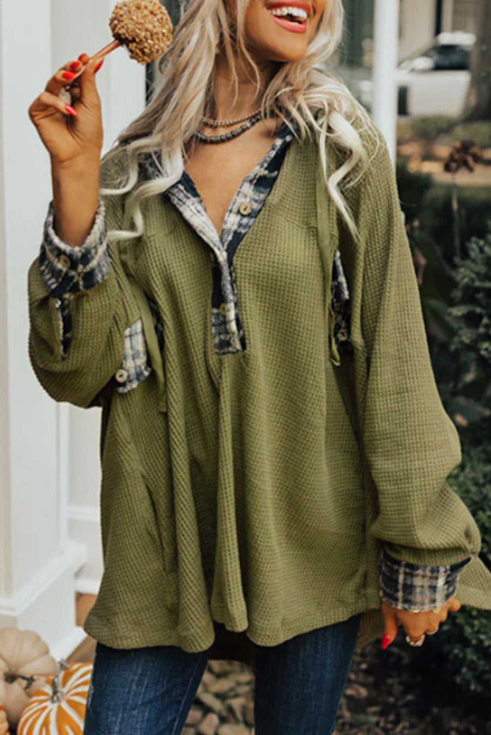 Women's Green Waffle Knit Henley Hoodie | Oversized, Plaid Trim