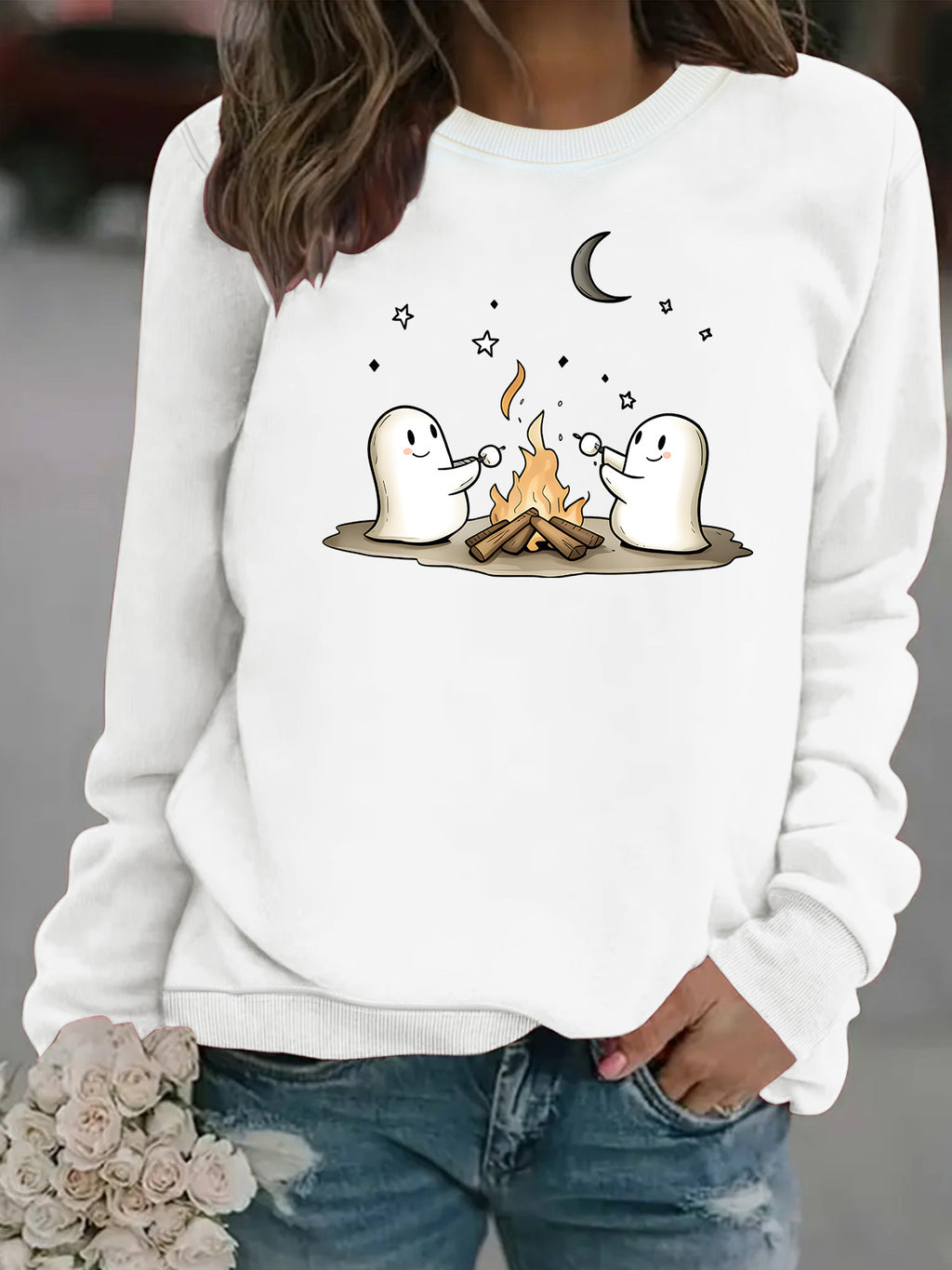 Printed Round-Neck Fleece Hoodie for Women - Grey