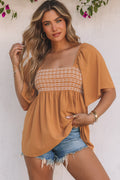 Women's Brown Square-Neck Babydoll Top | Wide-Sleeve Flowy Blouse
