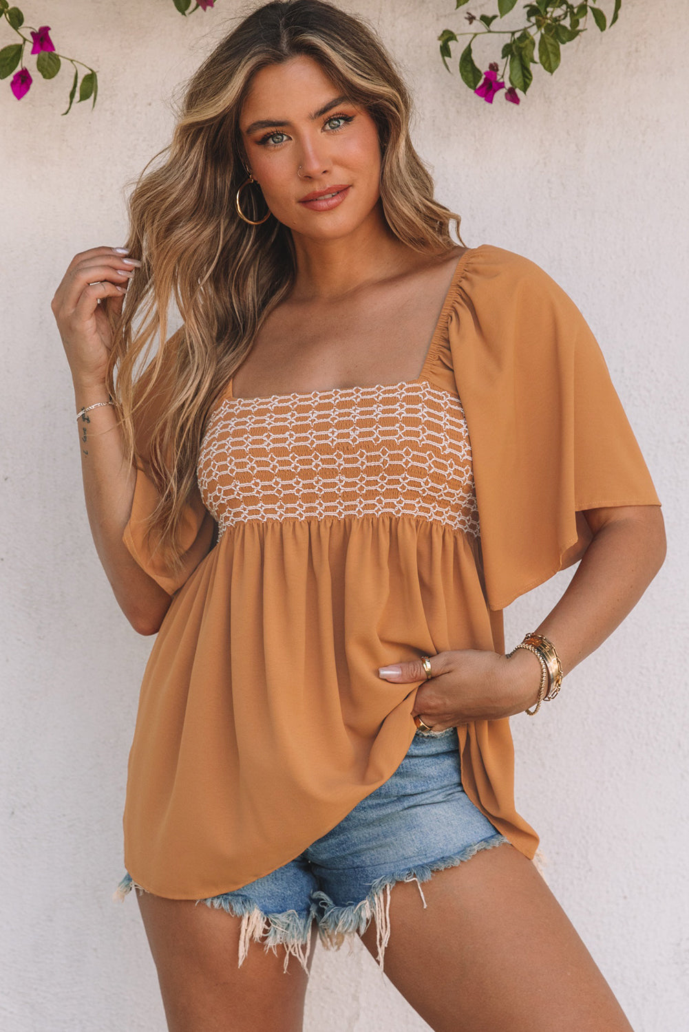 Women's Brown Square-Neck Babydoll Top | Wide-Sleeve Flowy Blouse