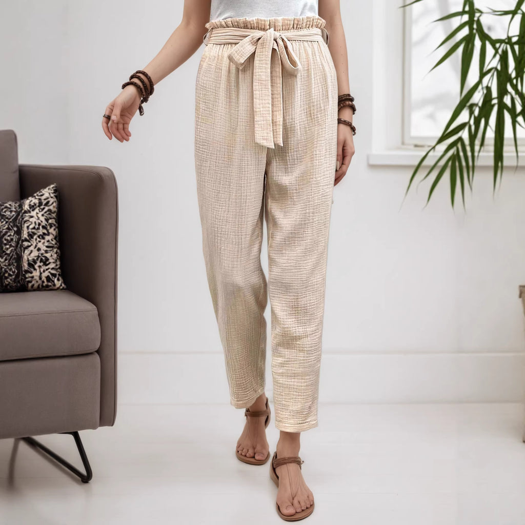 Women's Khaki Wide Leg Tie Pants | Rayon, Straight Fit