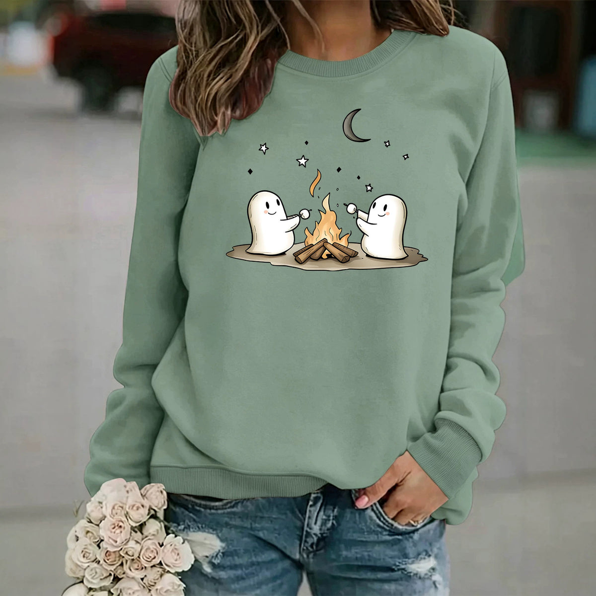 Printed Round-Neck Fleece Hoodie for Women - Olive Green
