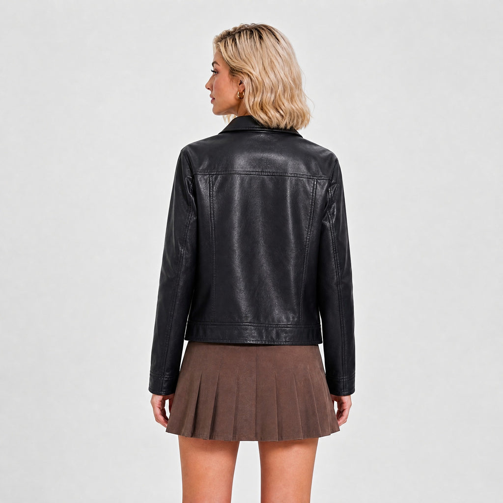 Women's PU Lapel Collar Zip Jacket | Black, Coffee, Camel