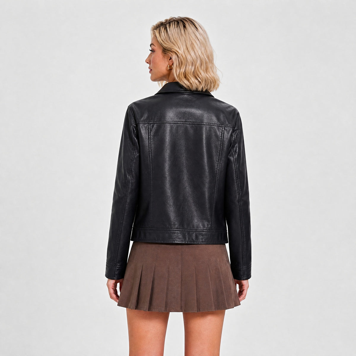Women's PU Lapel Collar Zip Jacket | Black, Coffee, Camel