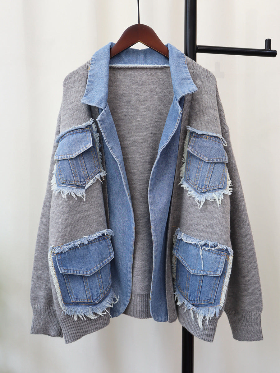 Women's Patchwork Cardigan Sweater | Flip Collar, One Size, 3 Colors