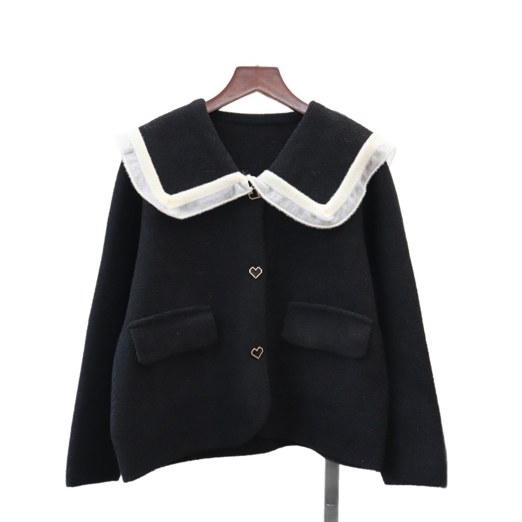 Women's Doll Collar Heart Pattern Jacket | Single-Breasted, One Size