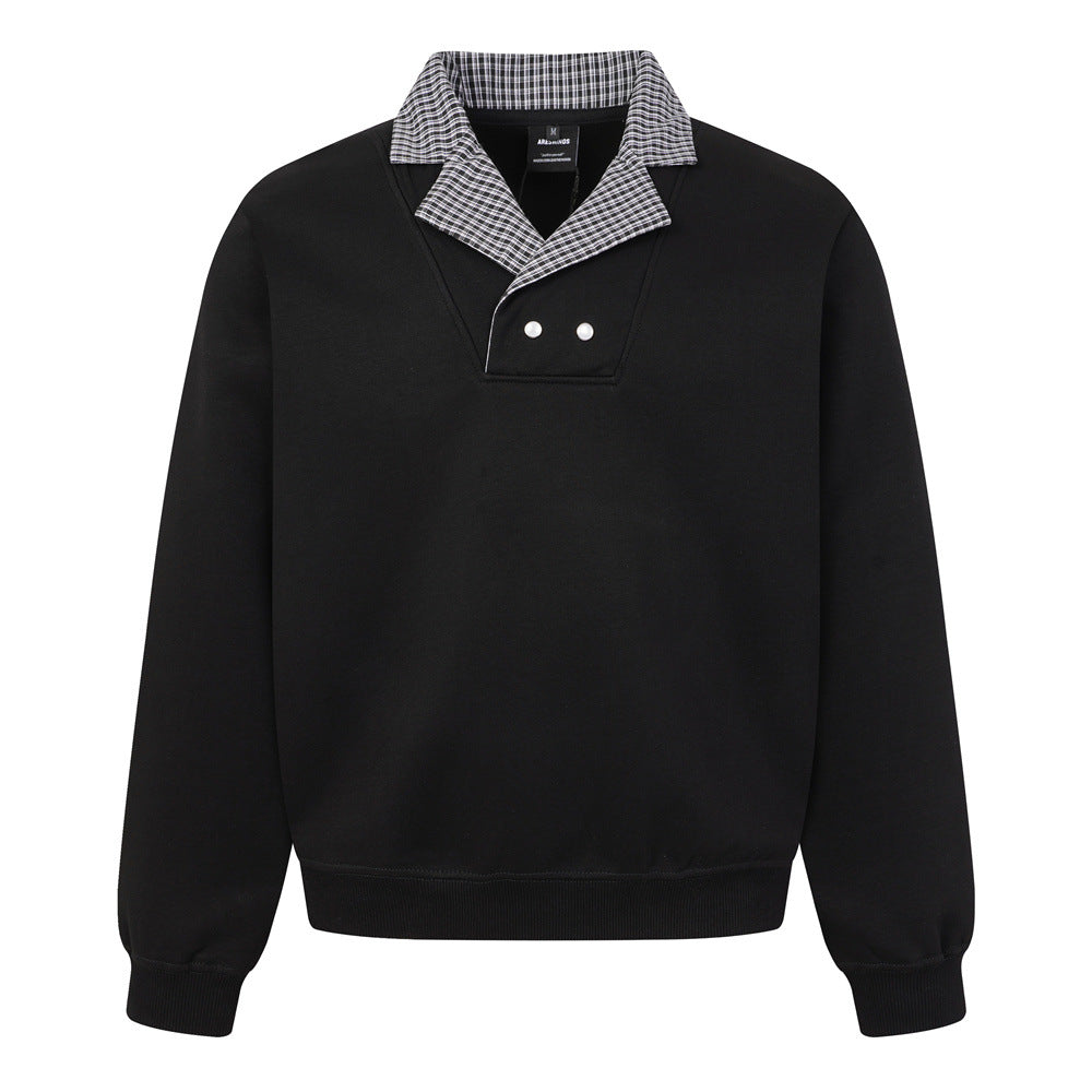 Faux Two-Piece Cross Collar Sweatshirt | Button Detail, Grid Pattern - Gray