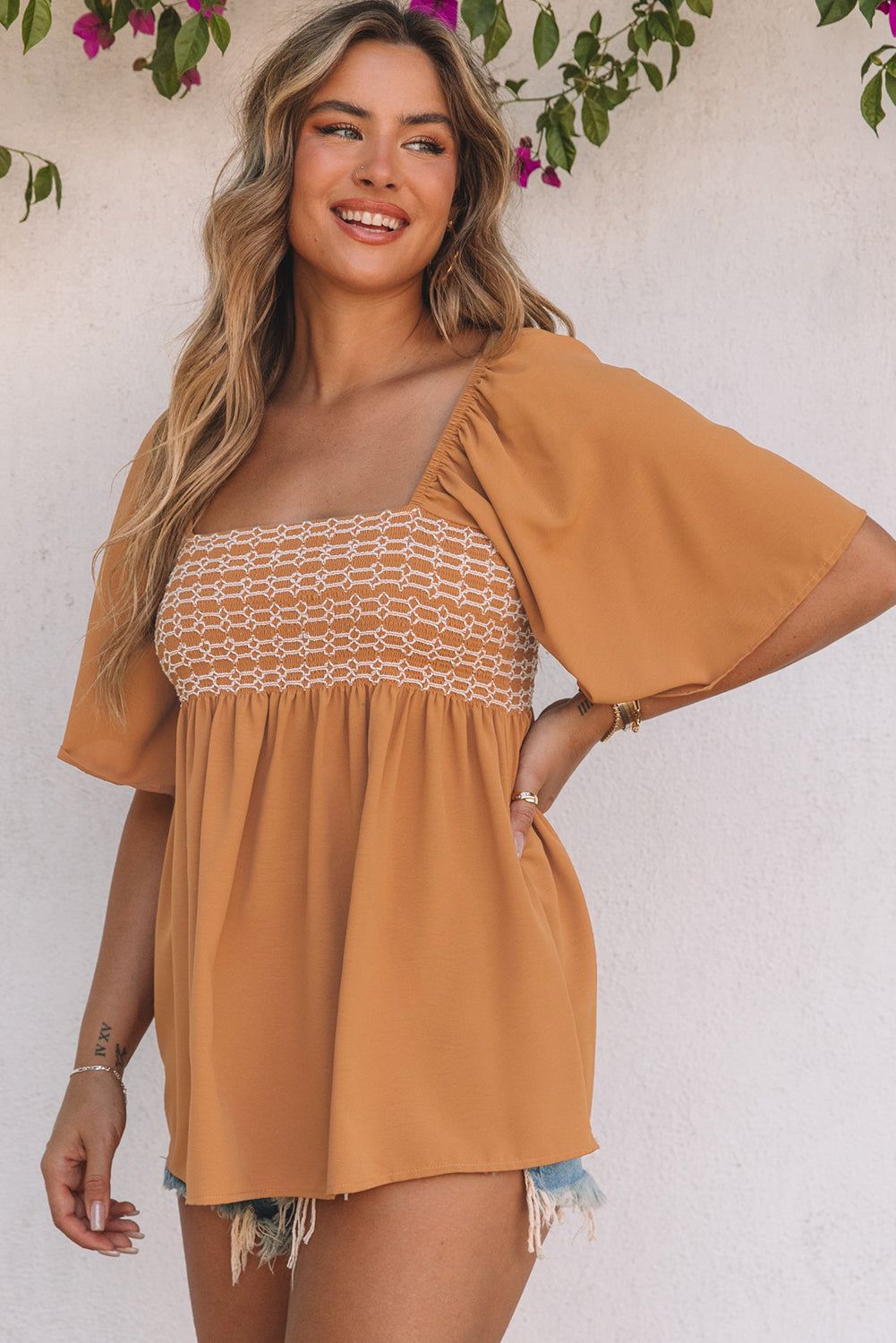 Women's Brown Square-Neck Babydoll Top | Wide-Sleeve Flowy Blouse