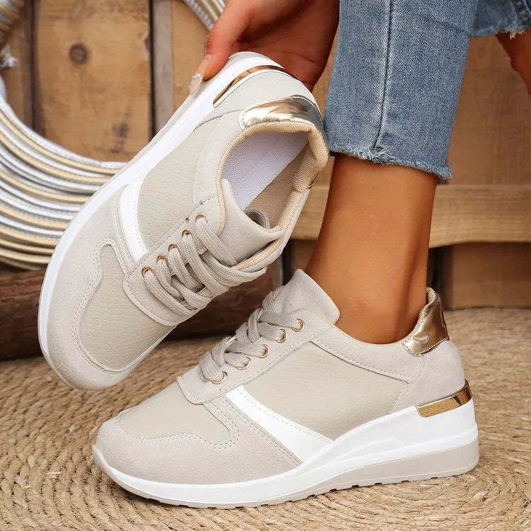 Women's Lace-Up Wedge Sneakers | Mid Heel, PU Upper, 4 Colors