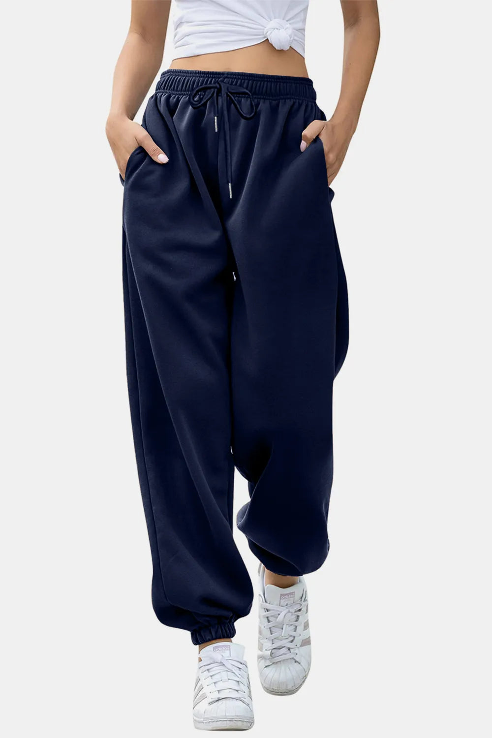 Women's High-Waist Drawstring Joggers | Pockets, Navy/Olive/Pink - Deep Red