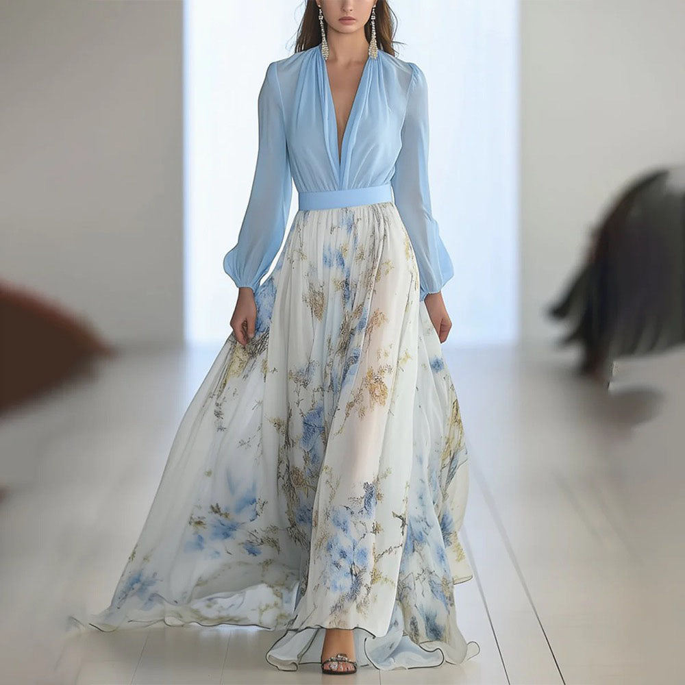 Women's Floral Print Long Sleeve Maxi Dress | A-Line, 10 Colors - Blue and White