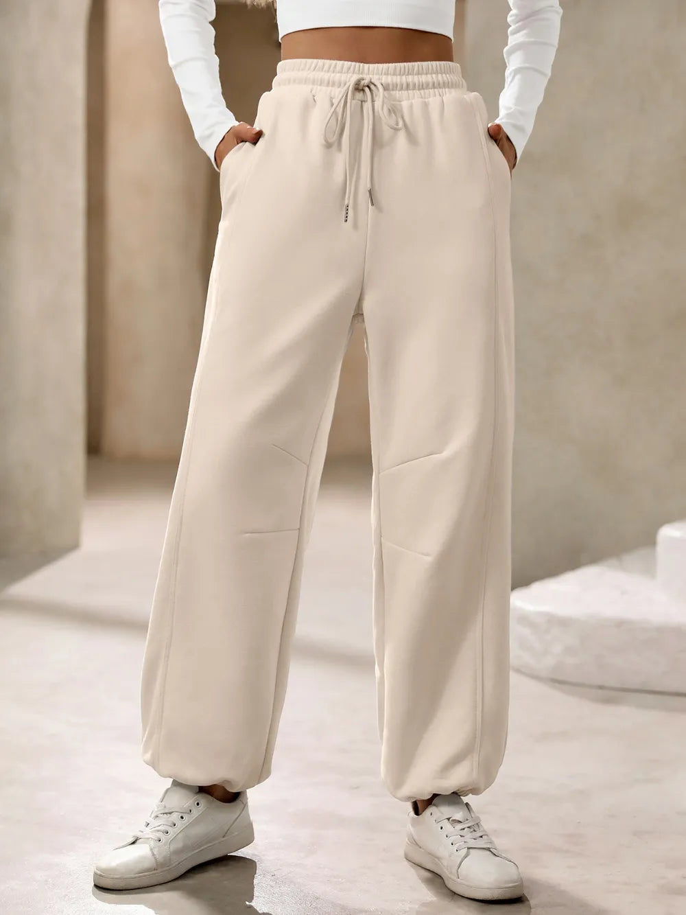 Women's Drawstring Joggers with Pockets | Tan or Light Blue