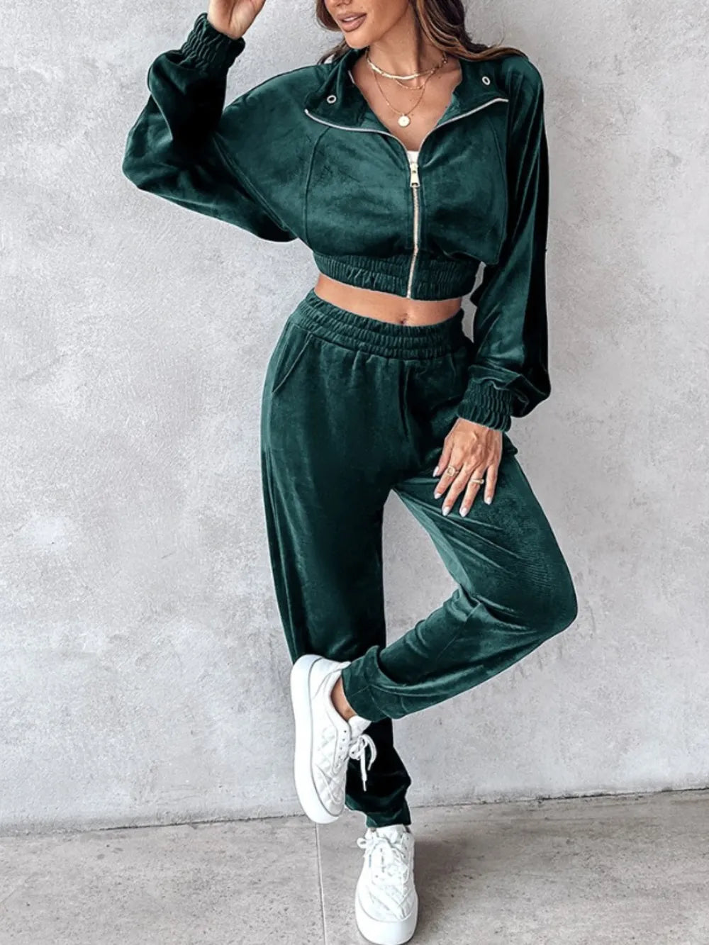 Zip Up Long Sleeve Cropped Top and Joggers Set - Deep Teal