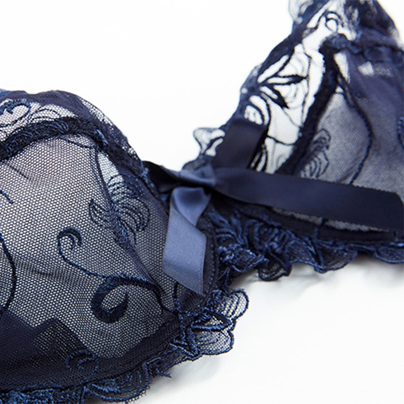 Women's Floral Embroidered Bra & Panty Set | Sheer Underwire, 3/4 Cup - Black