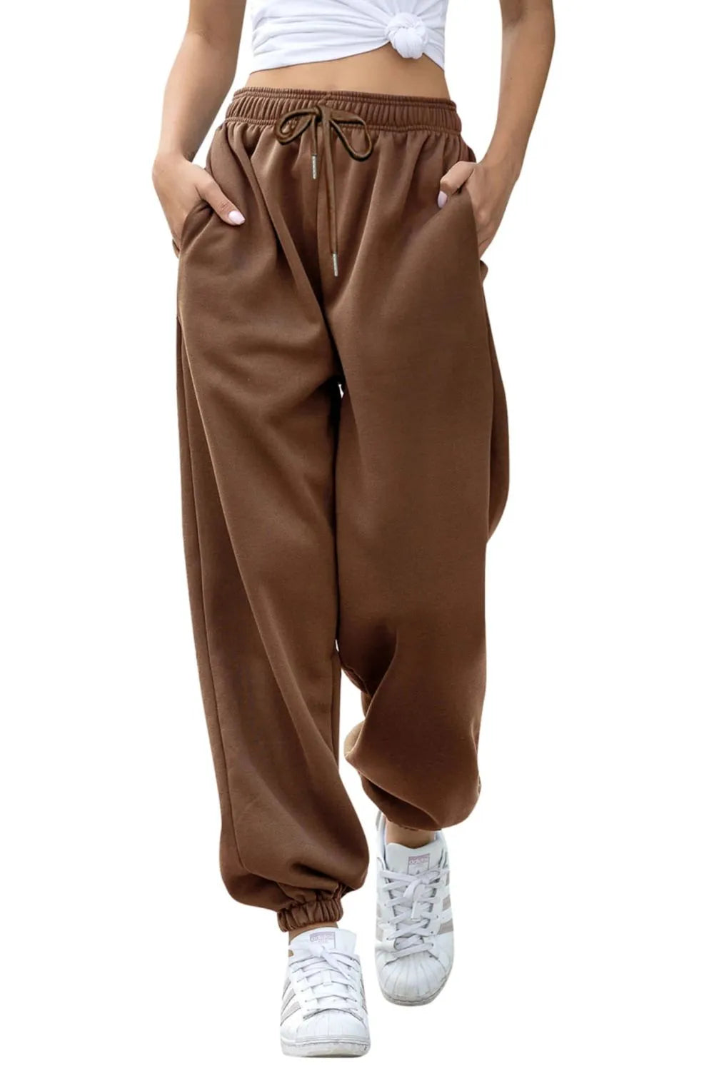 Women's High-Waist Drawstring Joggers | Pockets, Black/Gray/Tan