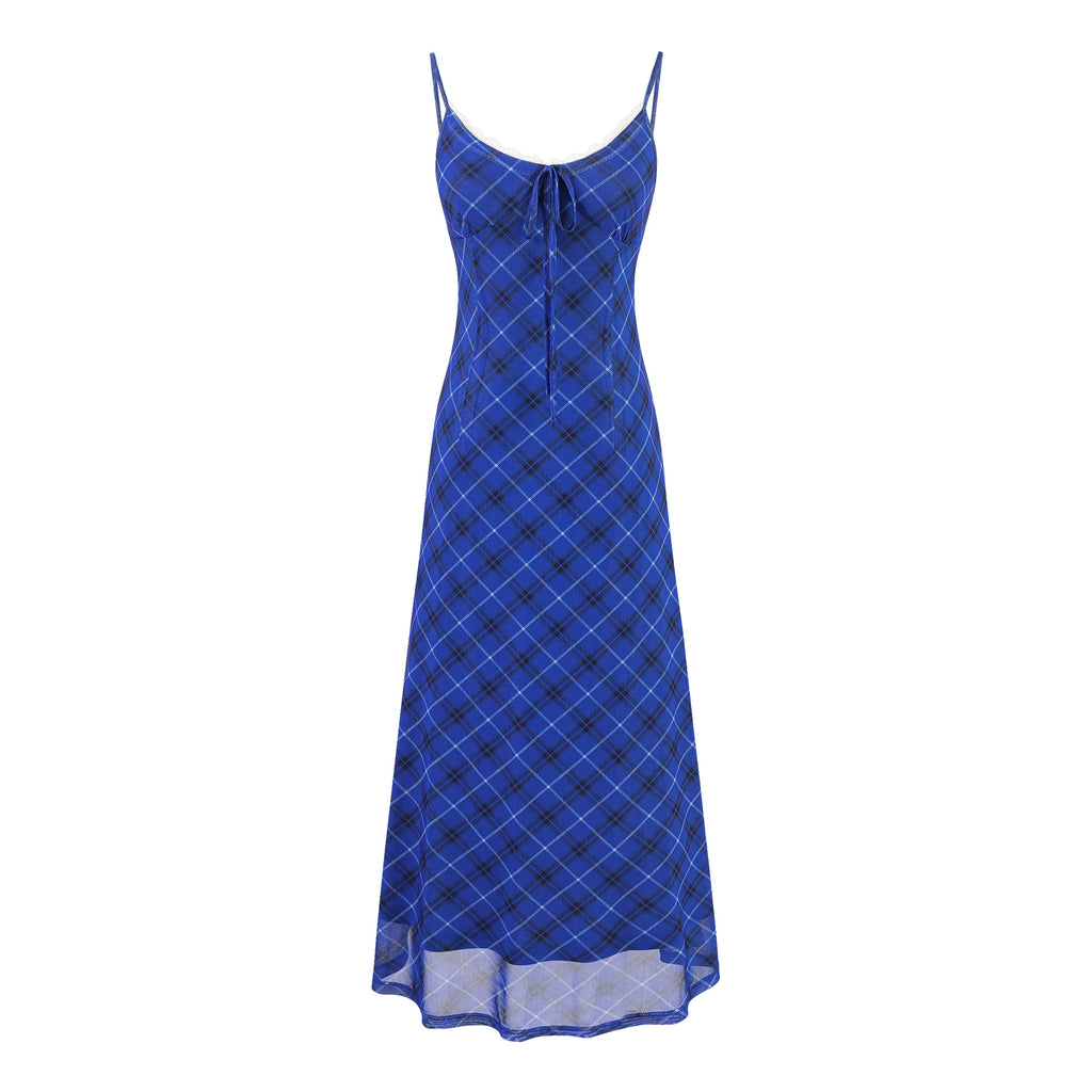Women's Blue Plaid Strapless Long Dress | Polyester & Spandex