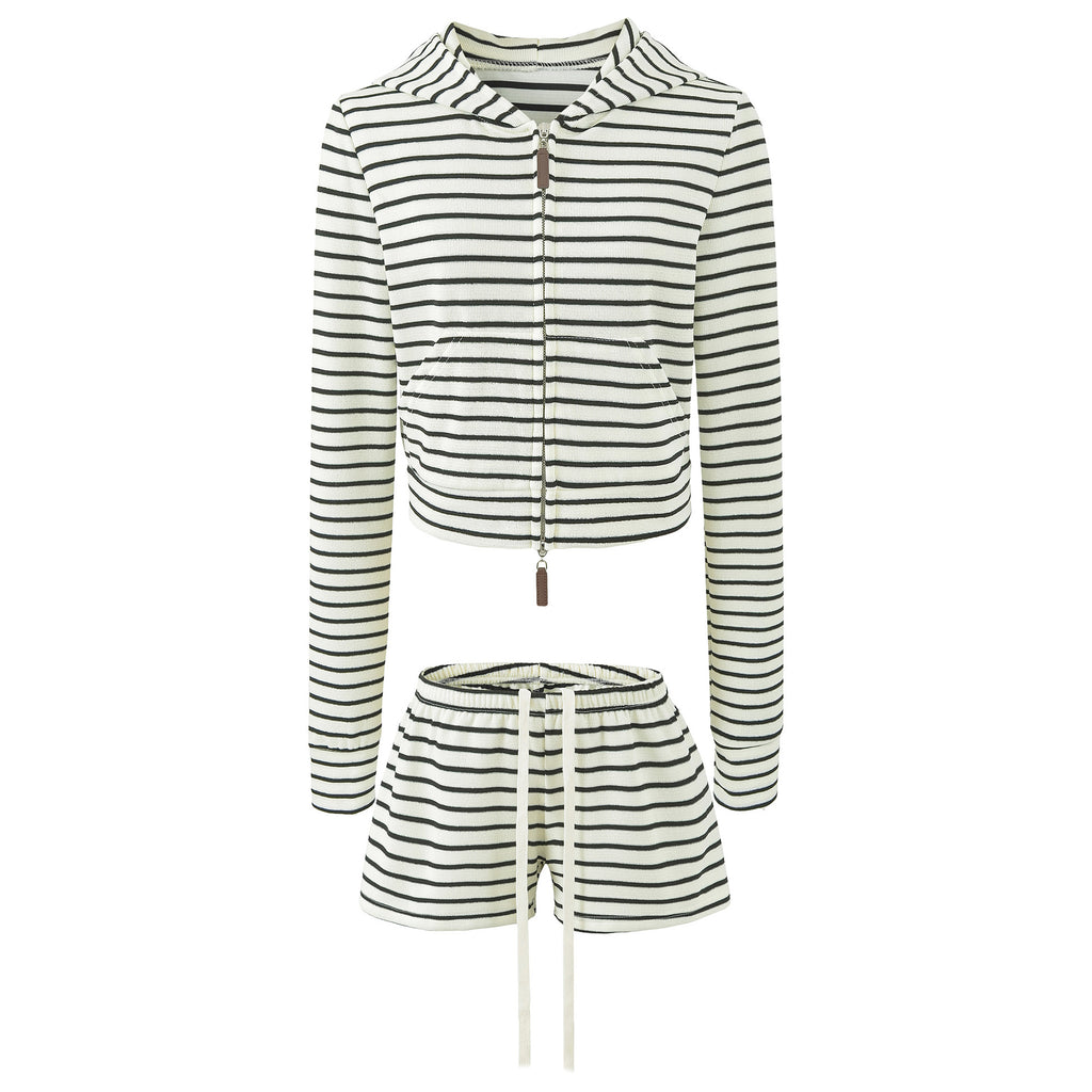 Women's Striped Hooded Jacket & Wide Leg Shorts Set | Relaxed Fit