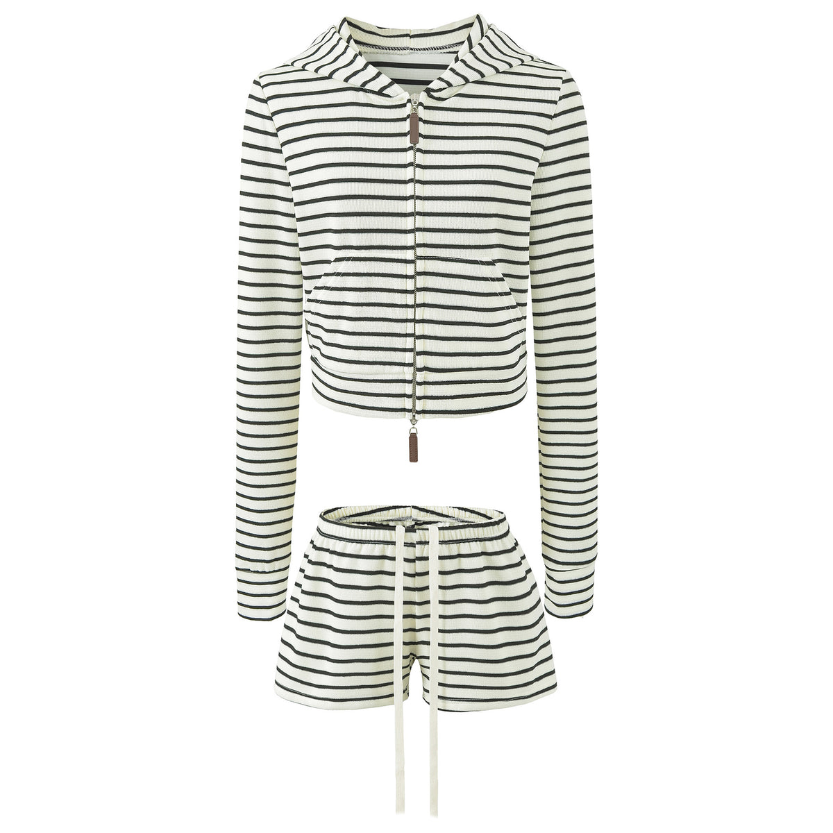 Women's Striped Hooded Jacket & Wide Leg Shorts Set | Relaxed Fit