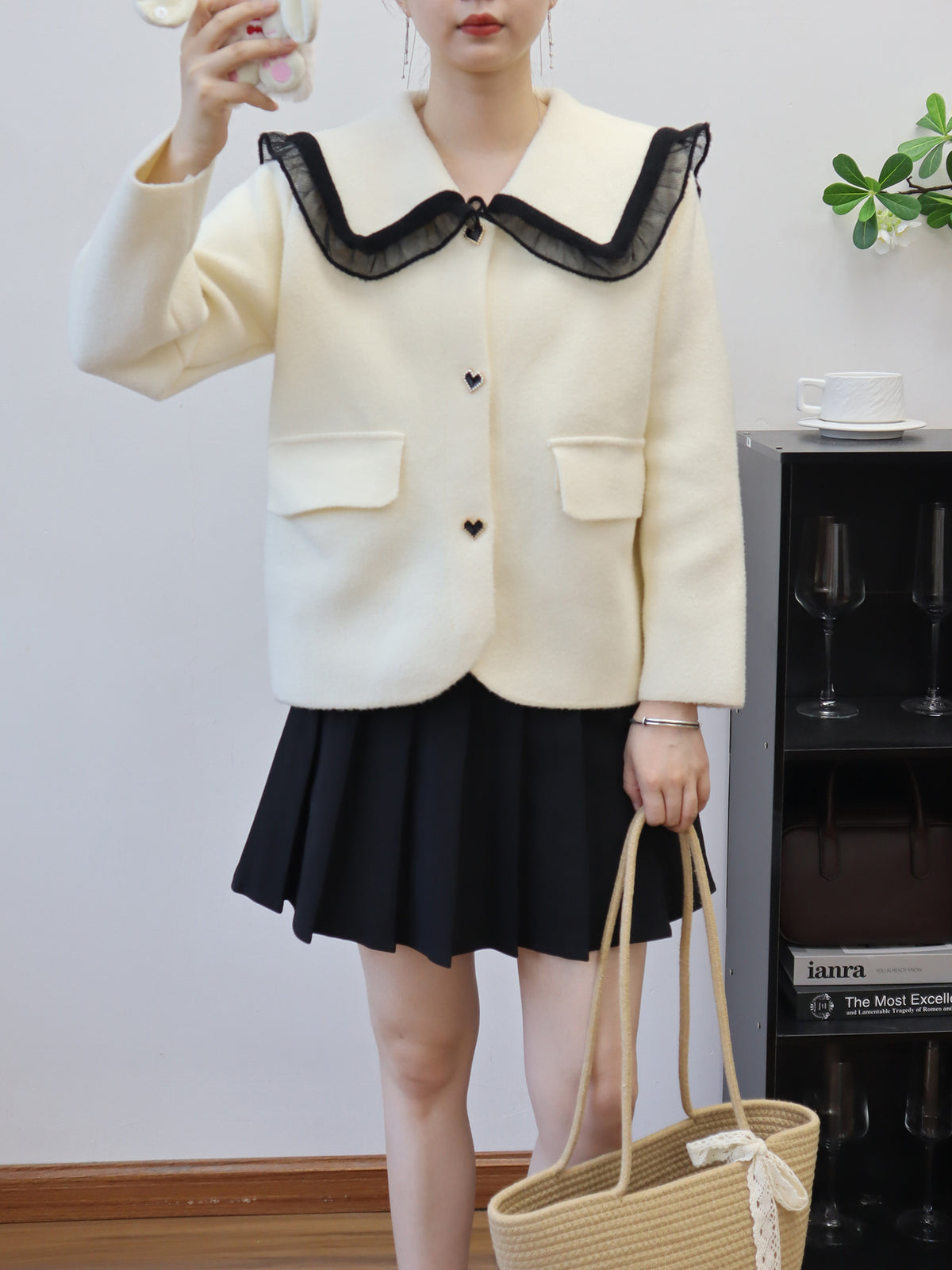 Women's Doll Collar Heart Pattern Jacket | Single-Breasted, One Size