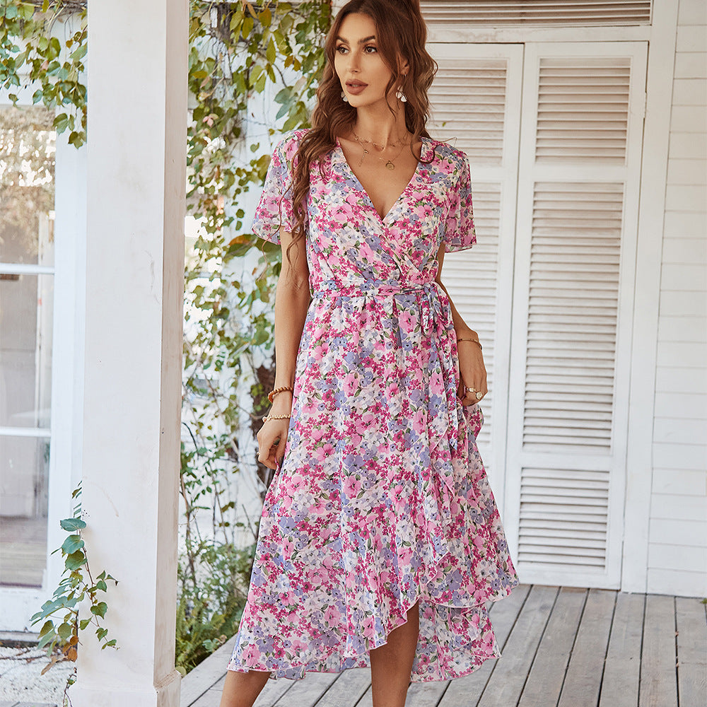 Women's Printed V-Neck Flare Dress | High Waist, Short Sleeve