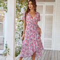 Women's Printed V-Neck Flare Dress | High Waist, Short Sleeve