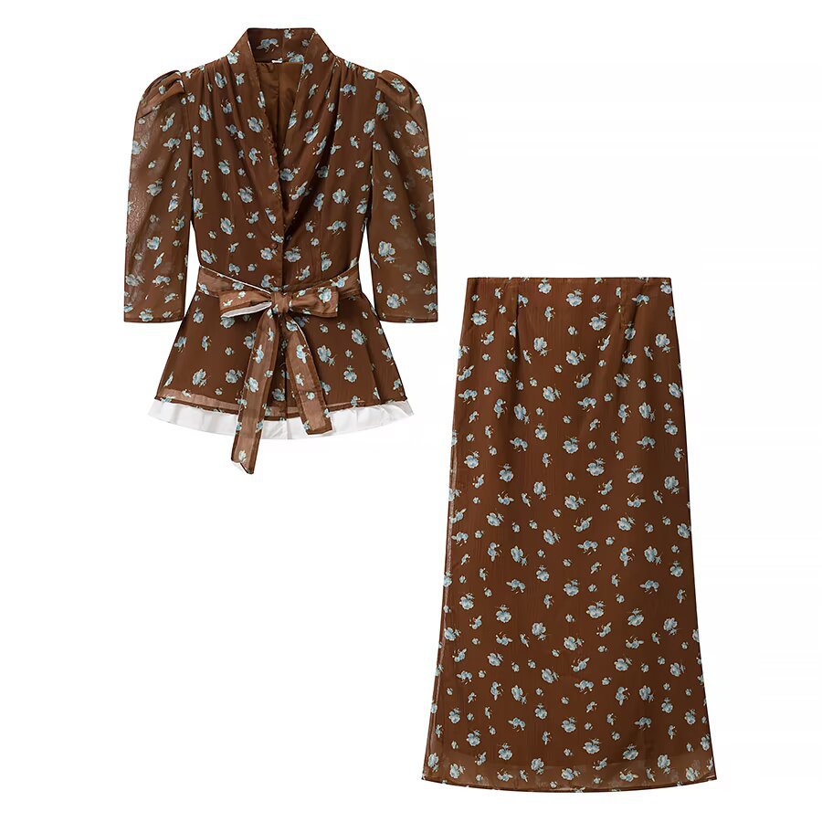 Women's Belted Print Jacket and Skirt Set | Casual Two-Piece, Brown