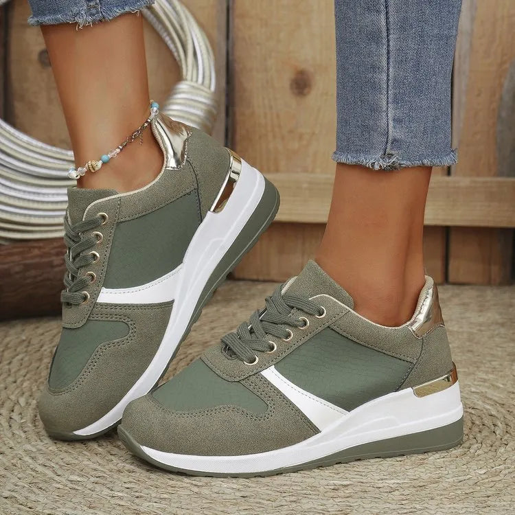 Women's Lace-Up Wedge Sneakers | Mid Heel, PU Upper, 4 Colors