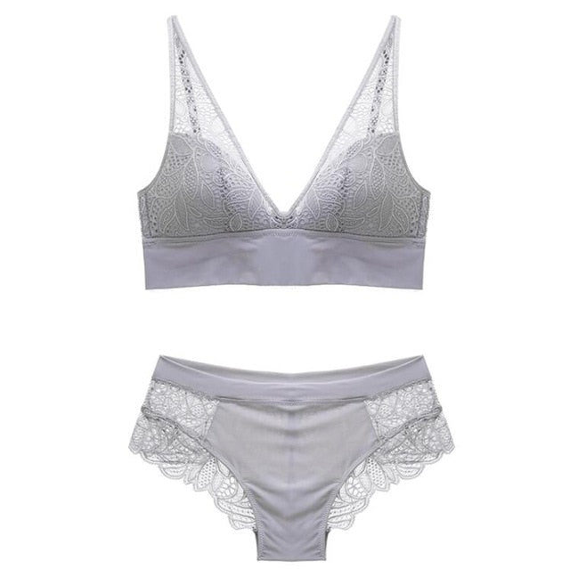 Women's Lace Wireless Bra & Brief Lingerie Set | Jacquard, 3 Colors