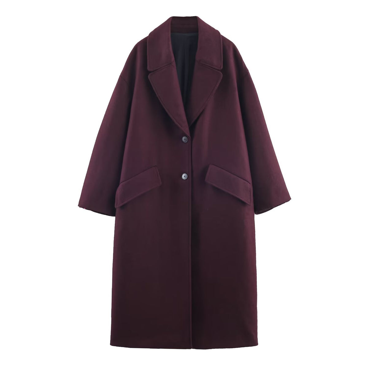 Women's Oversized Long Coat | Single-Breasted, Flip Collar, Burgundy