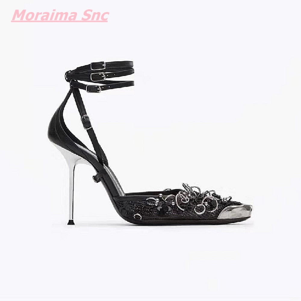 Women's Mesh Pointed Toe Stiletto Sandals | Ankle Strap, Buckle