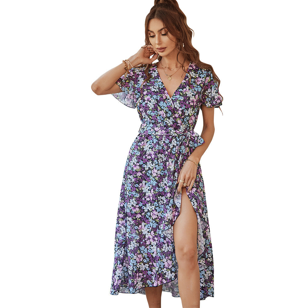 Women's Printed V-Neck Flare Dress | High Waist, Short Sleeve