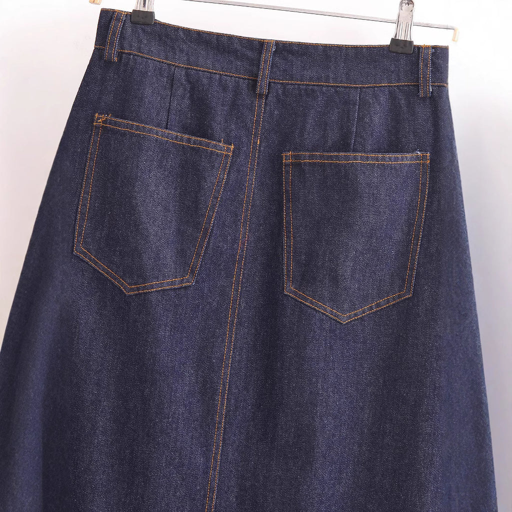 Women's Blue Denim Midi Skirt | Patchwork, Non-Stretch