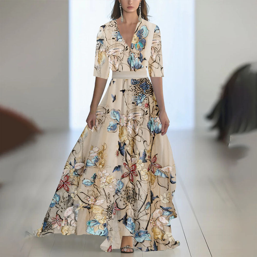 Women's Floral Print Long Sleeve Maxi Dress | A-Line, 10 Colors - Gray