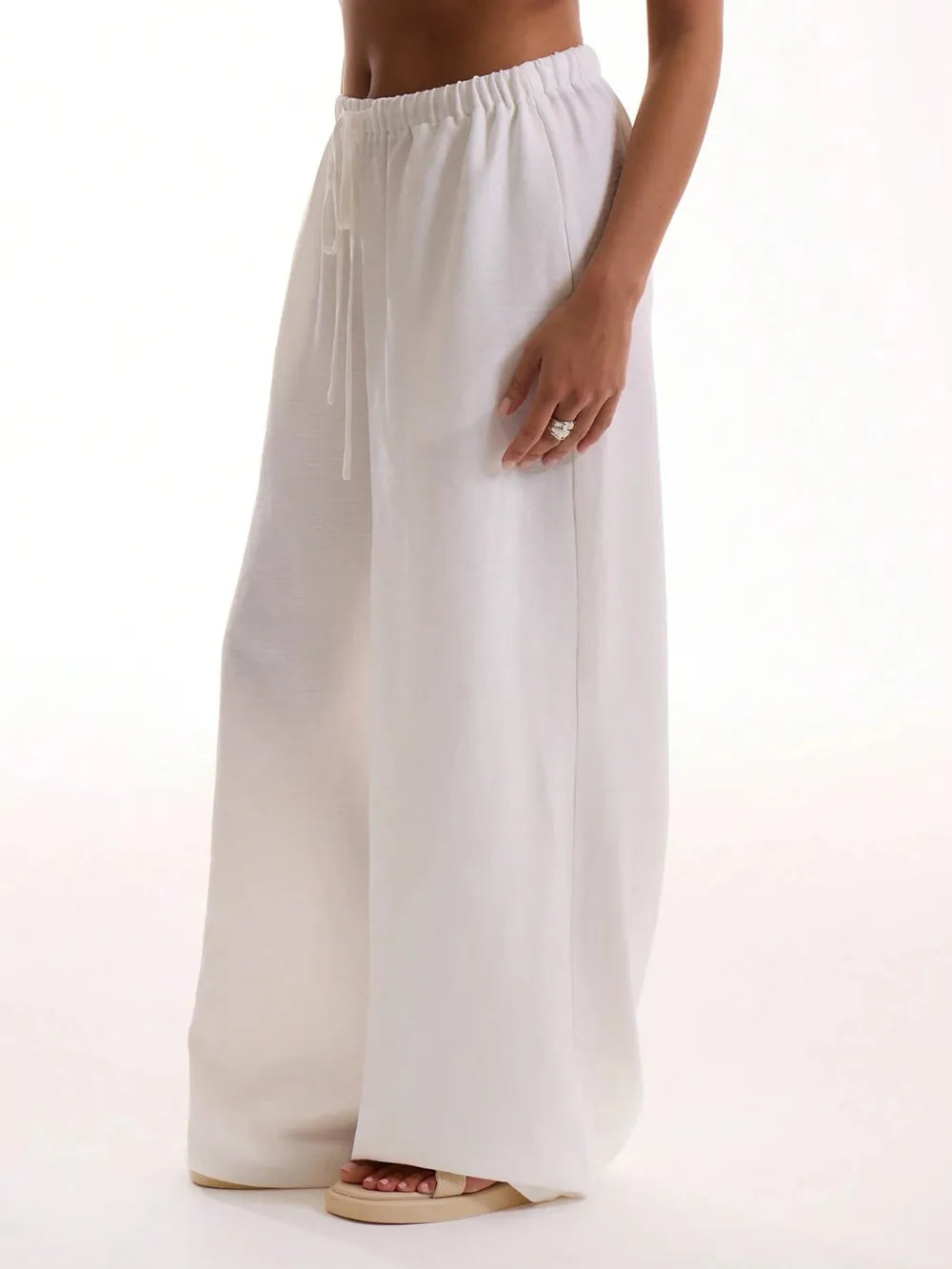 Women's Drawstring Wide Leg Pants | Pockets, 4 Colors - Beige
