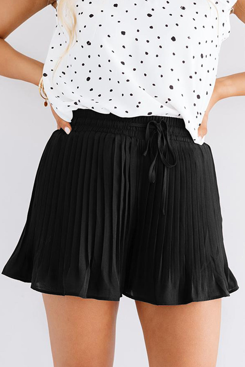 Women's Black Pleated Drawstring Shorts | Flowy Summer Shorts