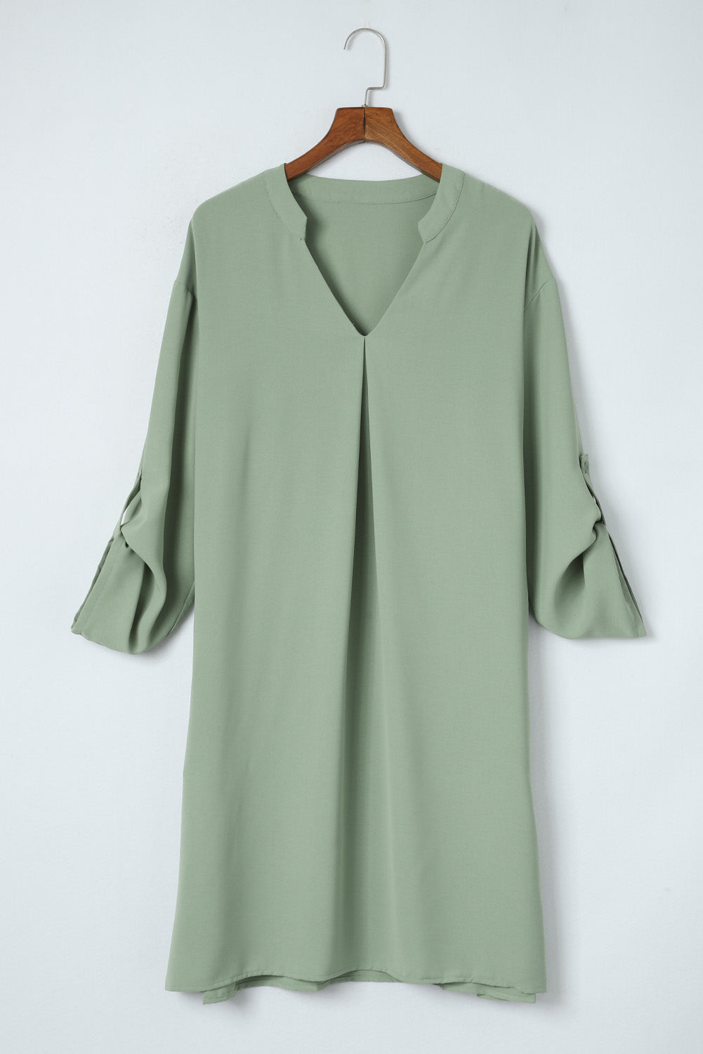 Women's Green Roll-Tab Sleeve Dress | Notched V-Neck, Flowy