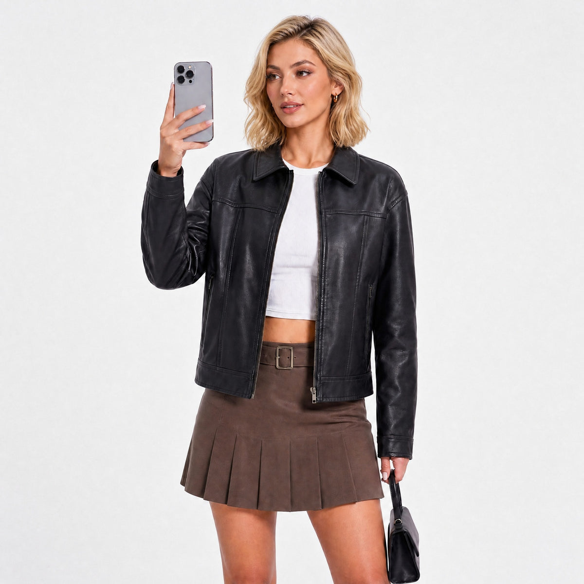 Women's PU Lapel Collar Zip Jacket | Black, Coffee, Camel