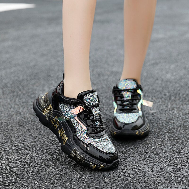 Women's Sequin Chunky Platform Sneakers | Sparkly Dad Shoes