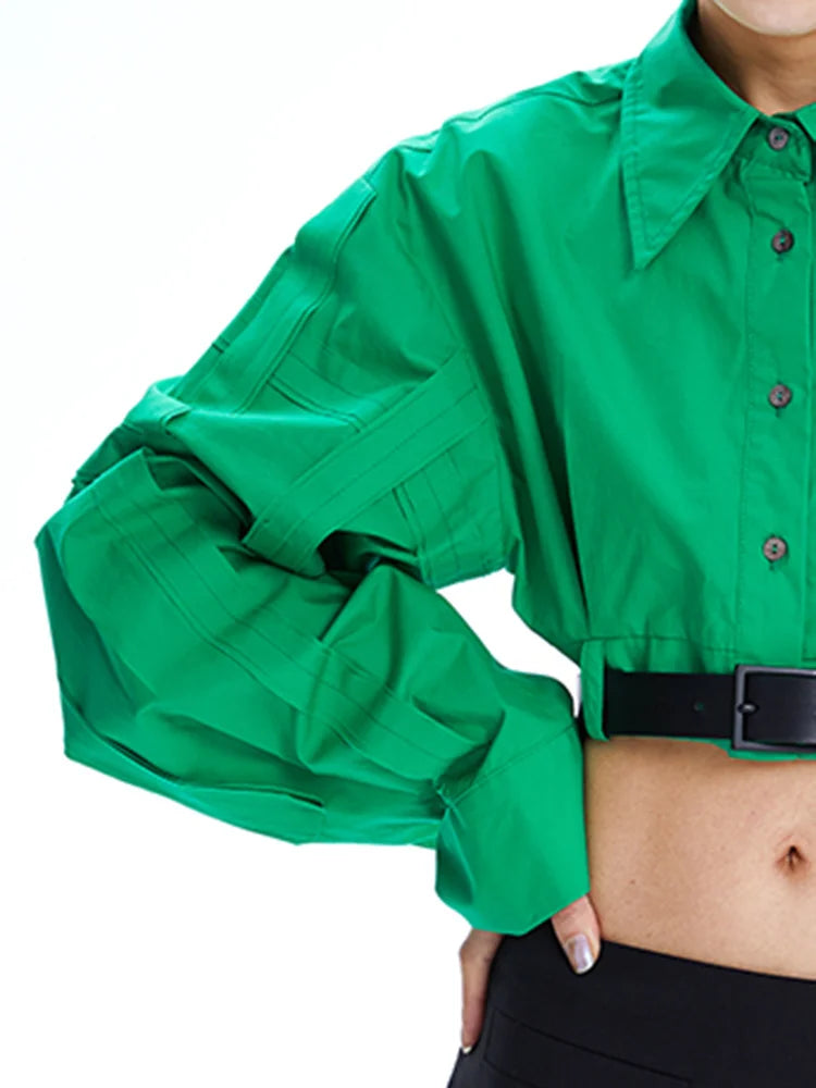 Women's Green Patchwork Short Shirt Top | Cotton, Long Sleeve