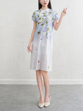 Women's Floral Pleated Midi Dress | Short Sleeve, Round Neck - Gray Blue