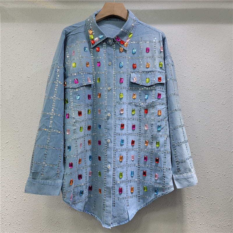 Women's Blue Denim Shirt Jacket | Polo Collar, One Size