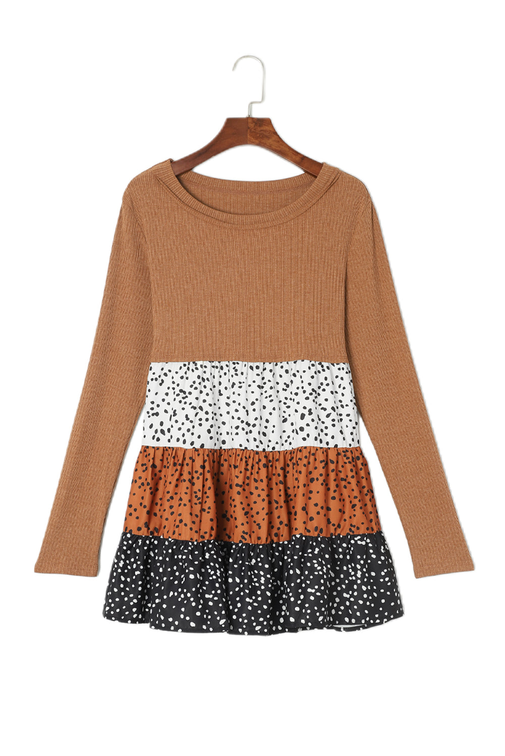 Women's Brown Tiered Ruffle Top | Ribbed Long-Sleeve Flowy Blouse