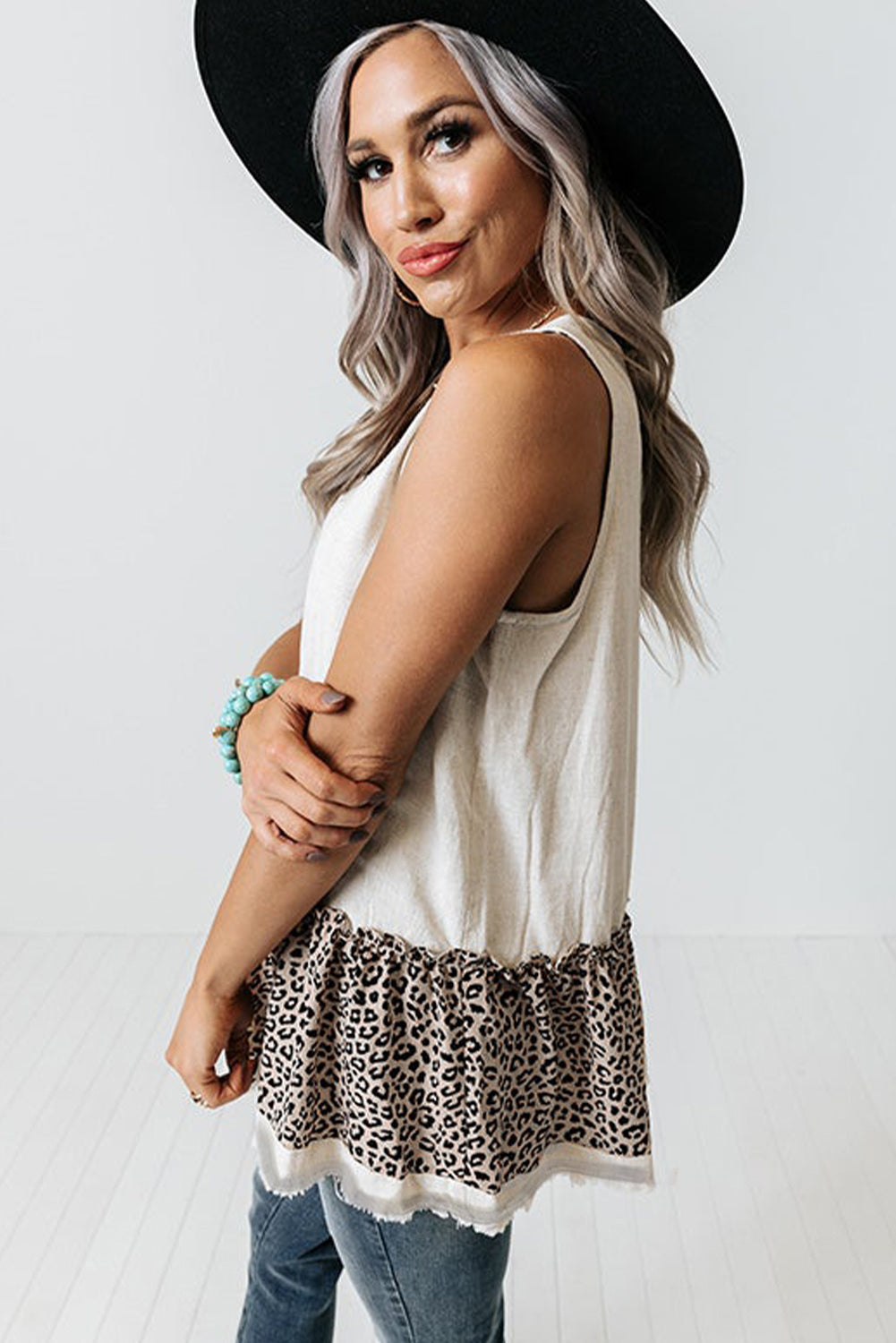 Women's White Leopard Peplum Tank Top | Button-Front, Sleeveless