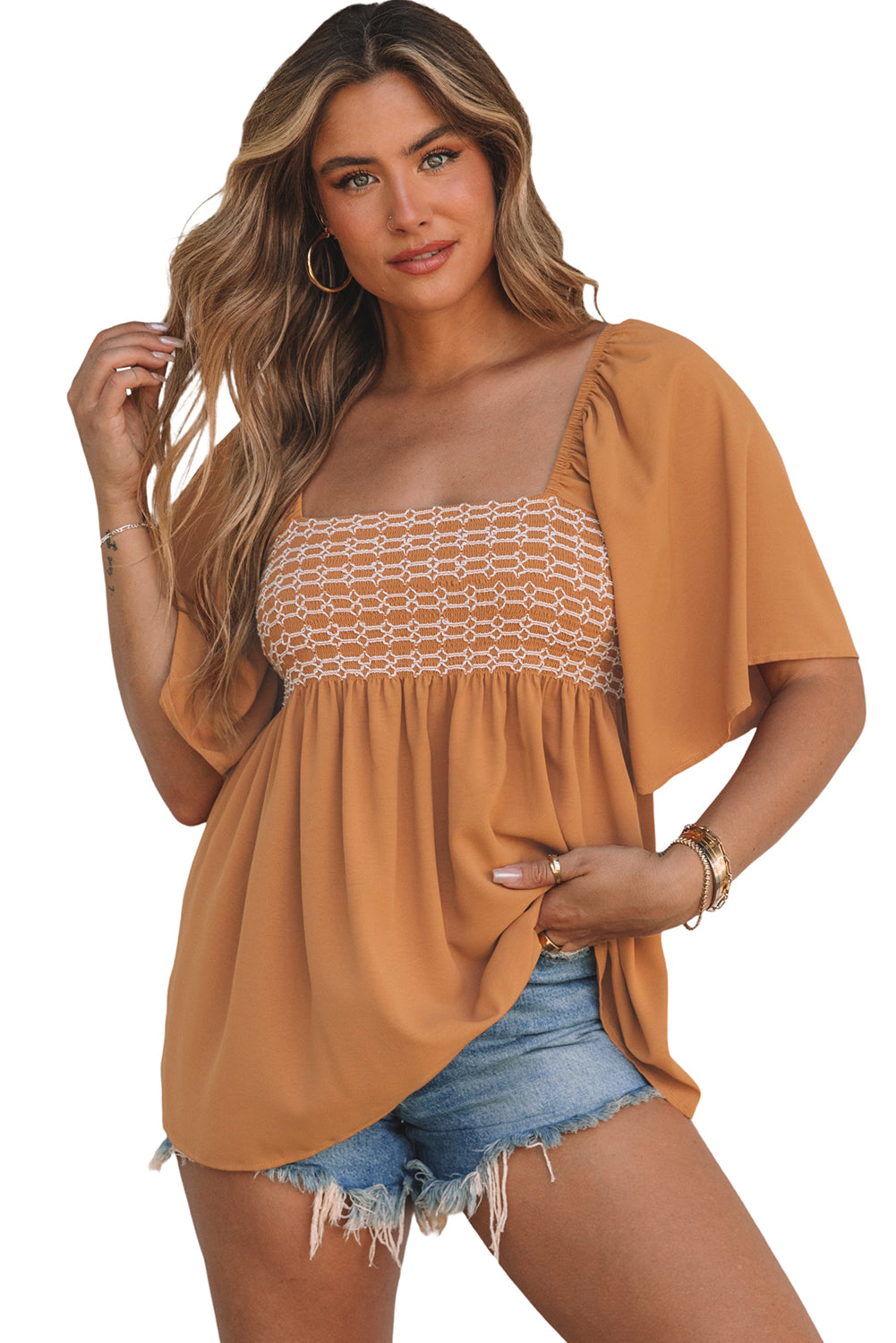 Women's Brown Square-Neck Babydoll Top | Wide-Sleeve Flowy Blouse