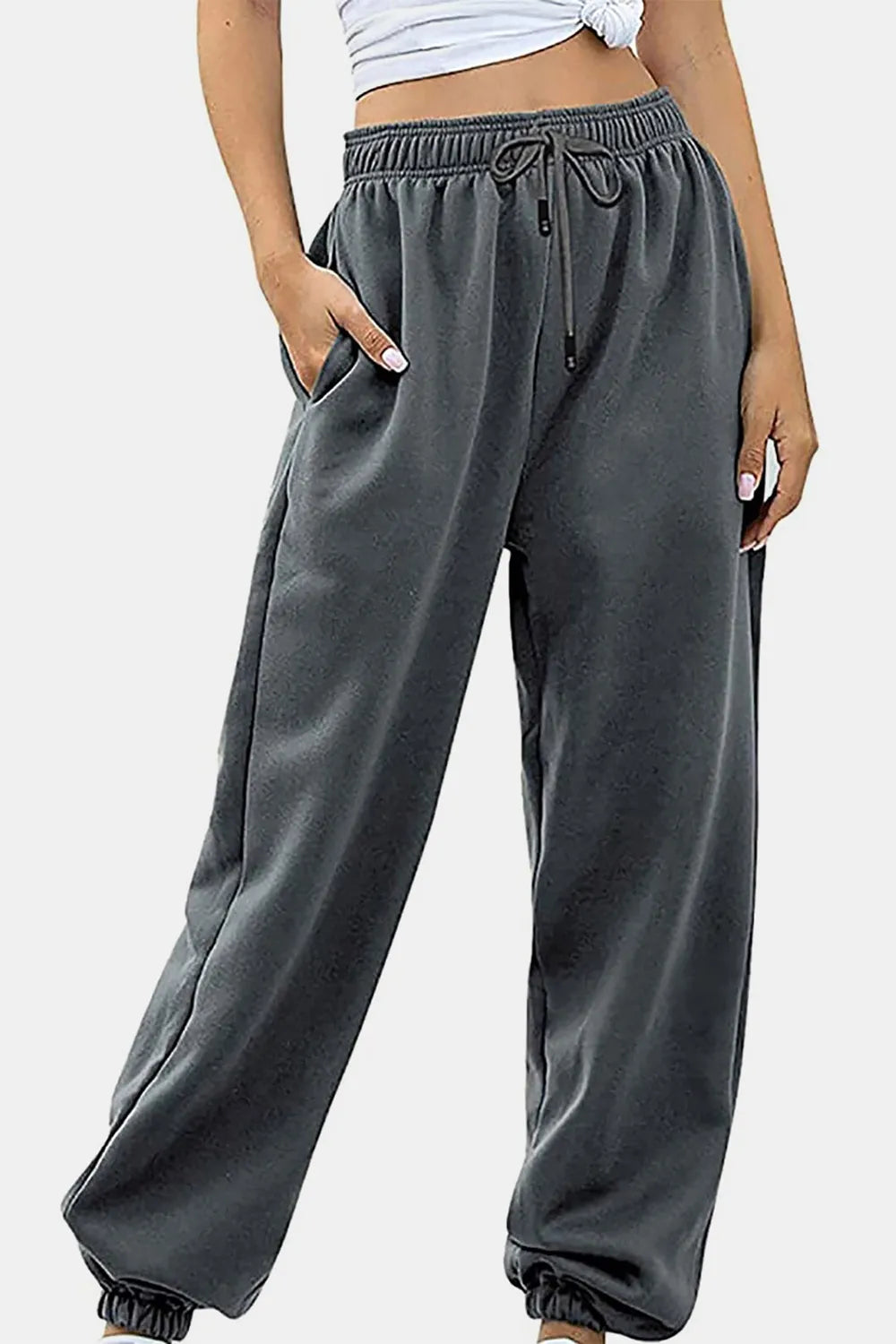 Women's High-Waist Drawstring Joggers | Pockets, Black/Gray/Tan