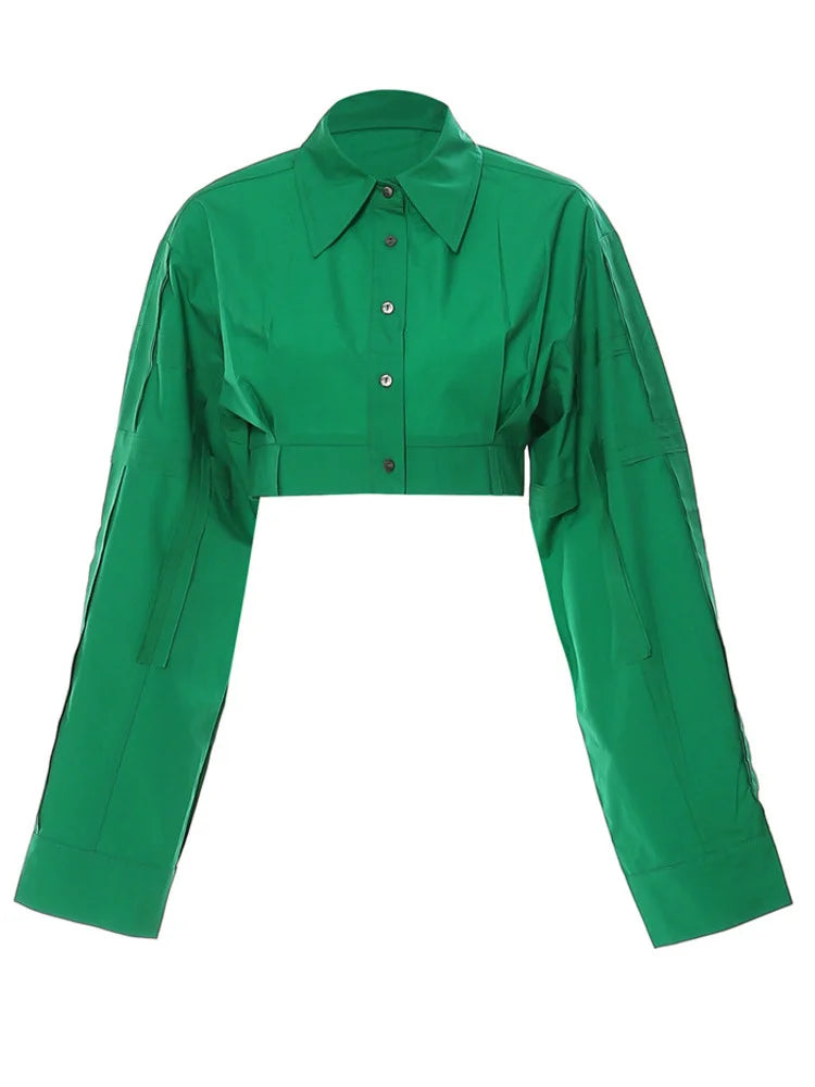 Women's Green Patchwork Short Shirt Top | Cotton, Long Sleeve