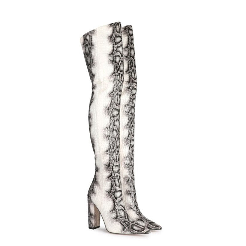 Women's Snake Print Over-the-Knee Boots | 11cm Thick Heel