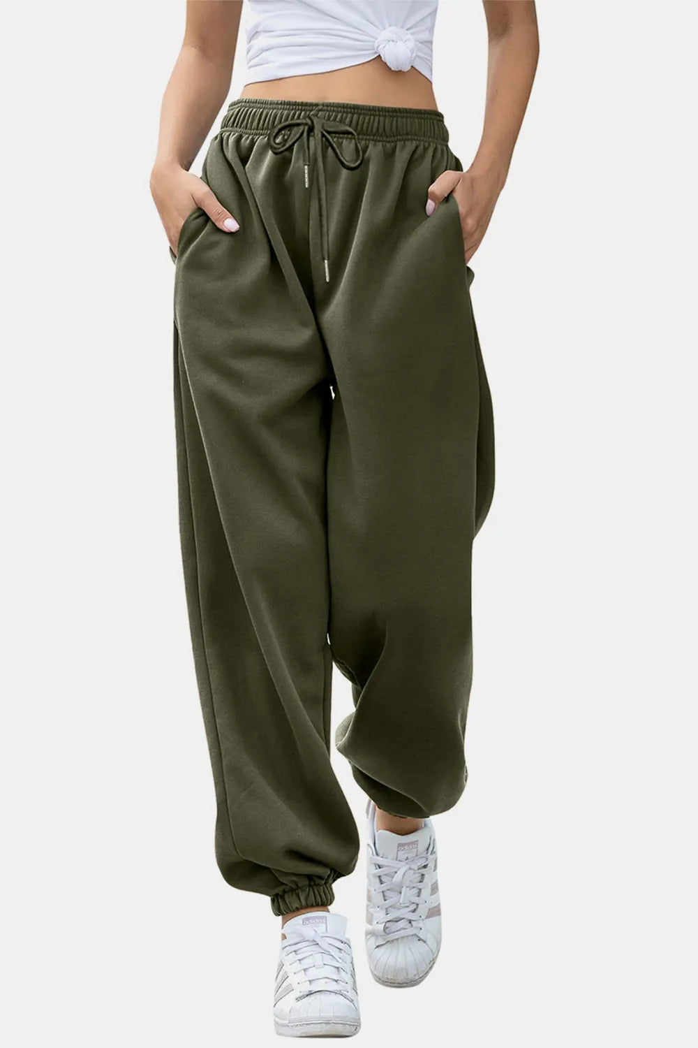 Women's High-Waist Drawstring Joggers | Pockets, Navy/Olive/Pink